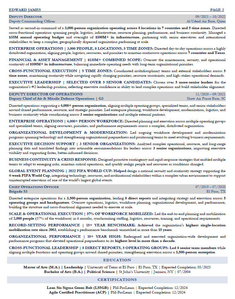 Edward James resume sample — page 2, continued experience, education & certifications