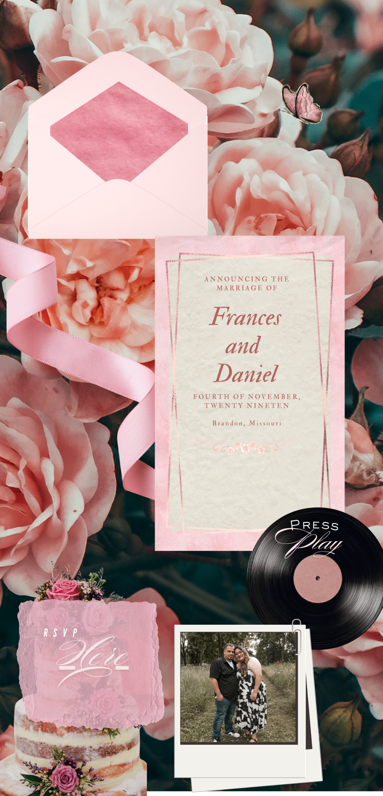 Example wedding website invitation page mockup with pink roses, open envelope, invitation card for Frances and Daniel, vinyl press-play button, cake, and polaroid photo