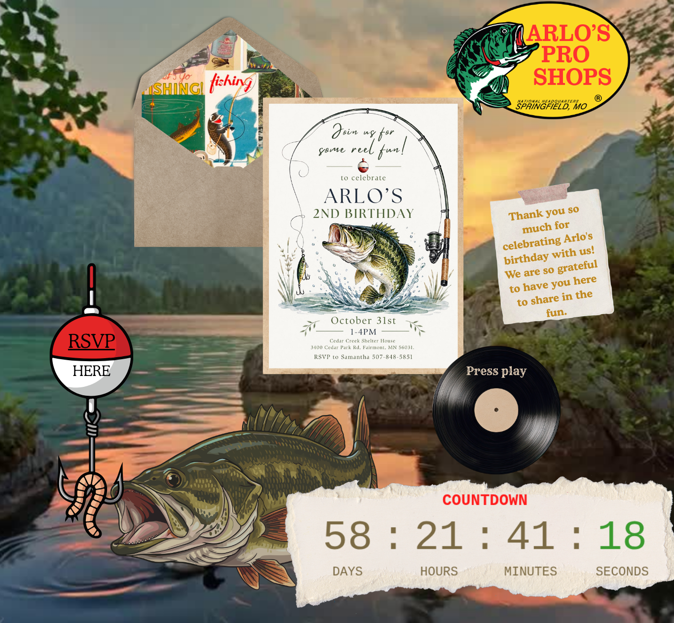 Example digital invitation for Arlo’s 2nd Birthday — fishing theme with RSVP bobber, countdown, and lake sunset background