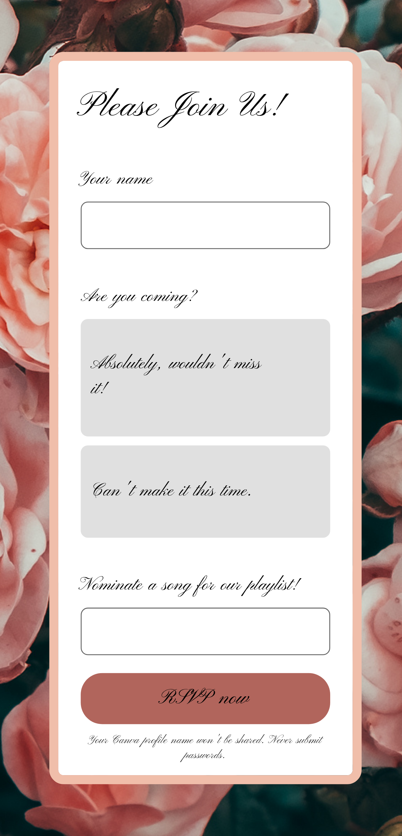 Example RSVP form mockup on a rose background with name field, attendance choices, song nomination, and RSVP now button