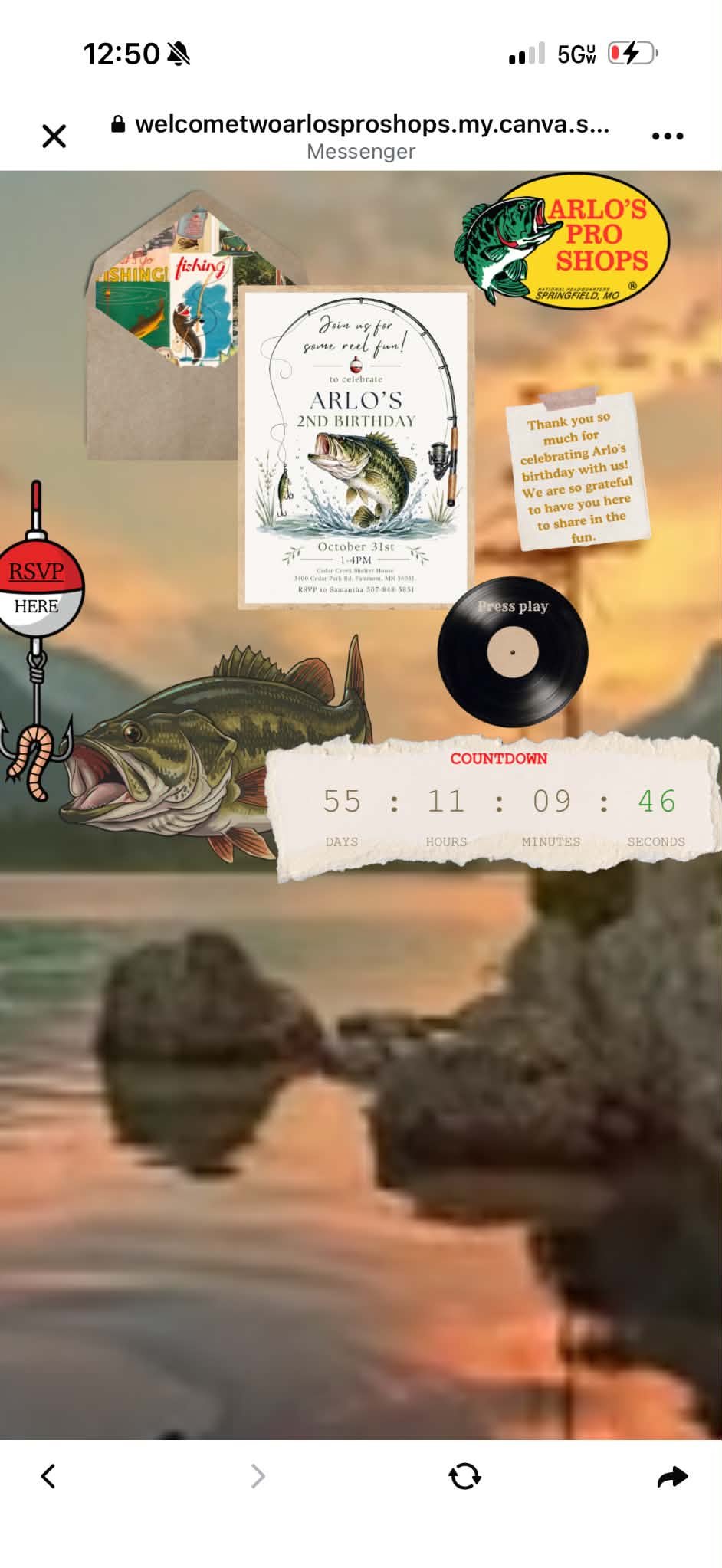 Example digital invitation for Arlo’s 2nd Birthday — fishing theme with RSVP bobber, countdown, and lake sunset background