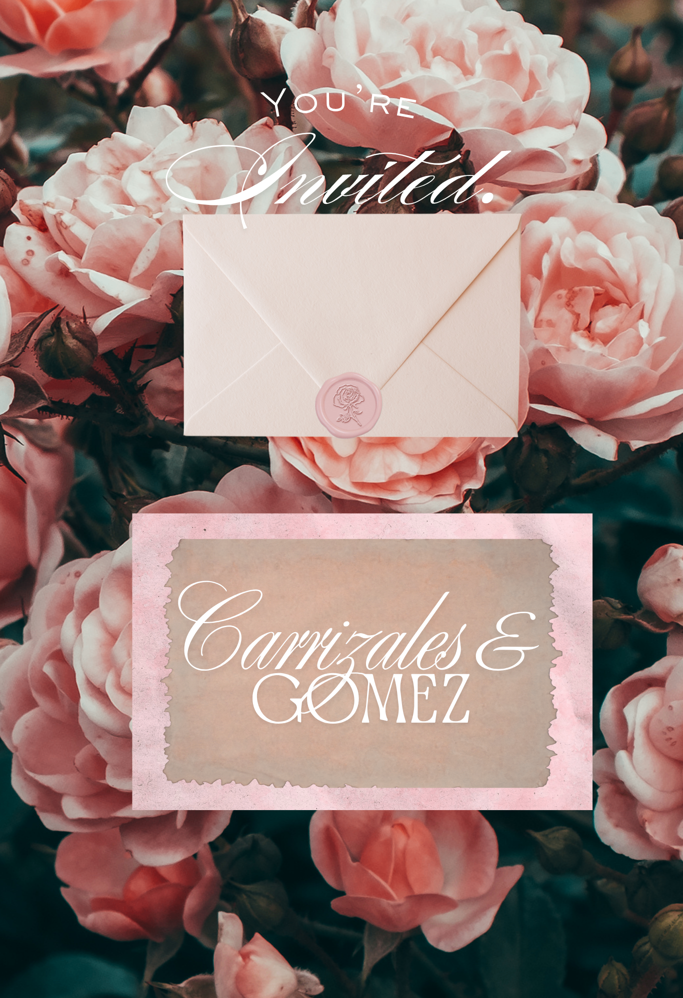 Example website invitation cover mockup with soft pink roses, a sealed blush envelope, and elegant script reading You’re Invited and Carrizales & Gomez