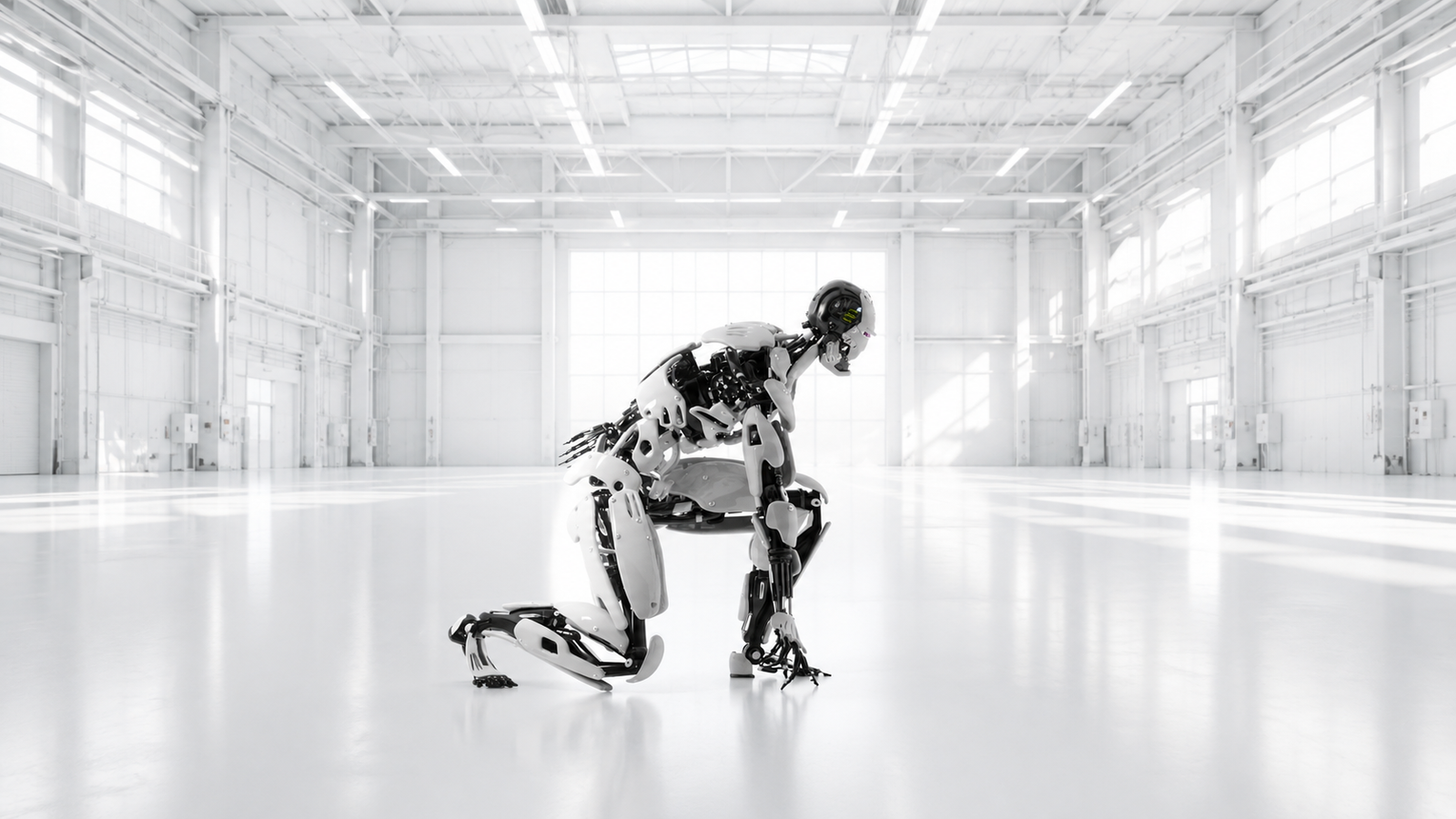 White humanoid robot in a bright industrial space