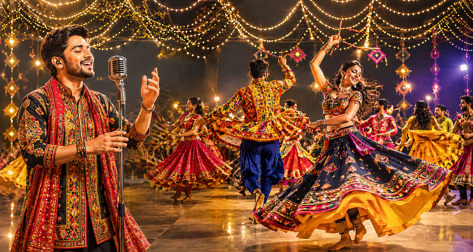 Gujarati garba dancers in traditional colourful attire
