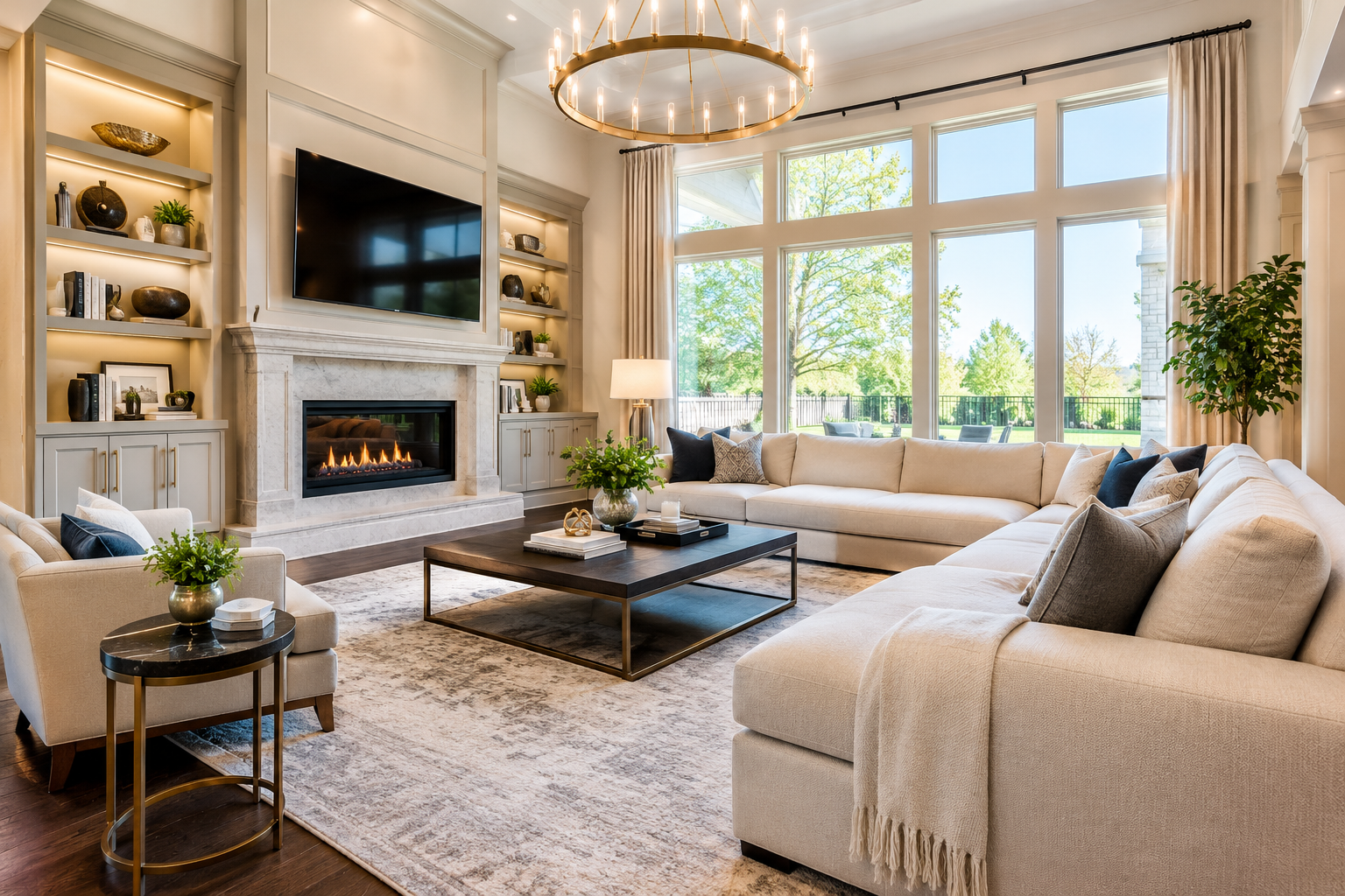 Spacious, spotless, freshly cleaned living room with bright natural light