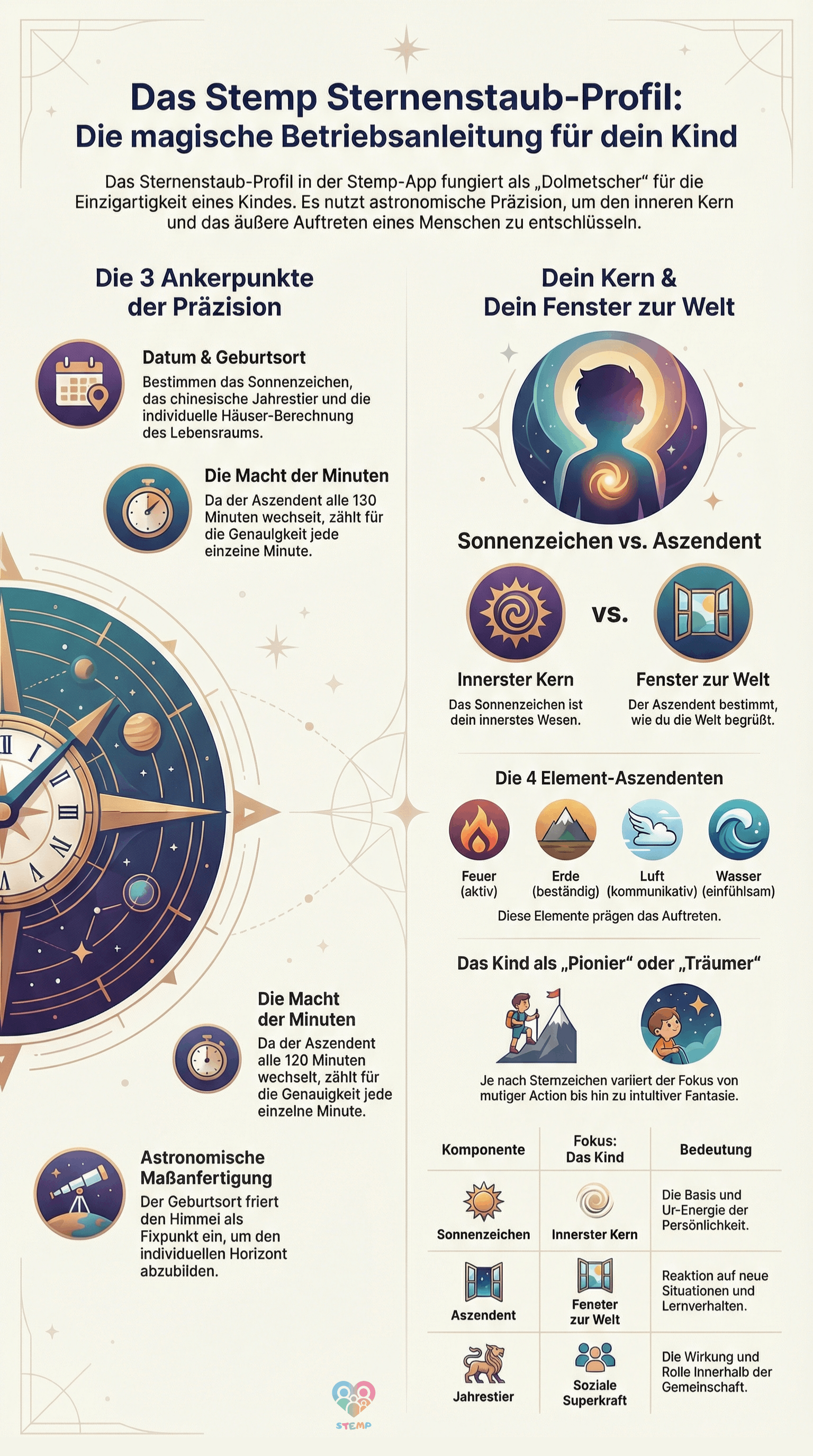 Umfassende Infografik zum Sternenstaub-Profil mit Ankerpunkten, Sonnenzeichen, Aszendent, Element-Aszendenten und Astrologie-Rad