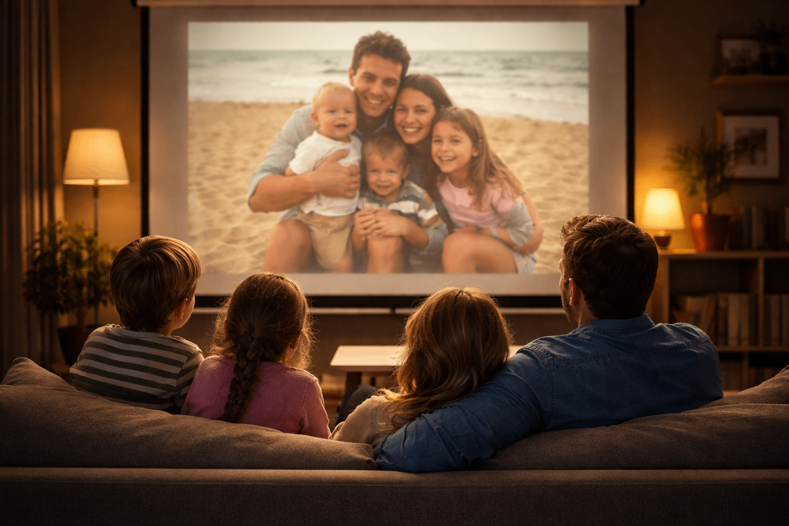 Familie sitzt auf Couch und schaut gemeinsam auf einen Bildschirm mit Familienfoto vom Strand