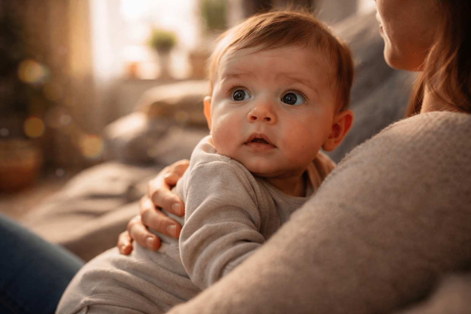 Baby in den Armen der Mutter, blickt überrascht und neugierig in die Kamera Baby in den Armen der Mutter, blickt überrascht und neugierig in die Kamera