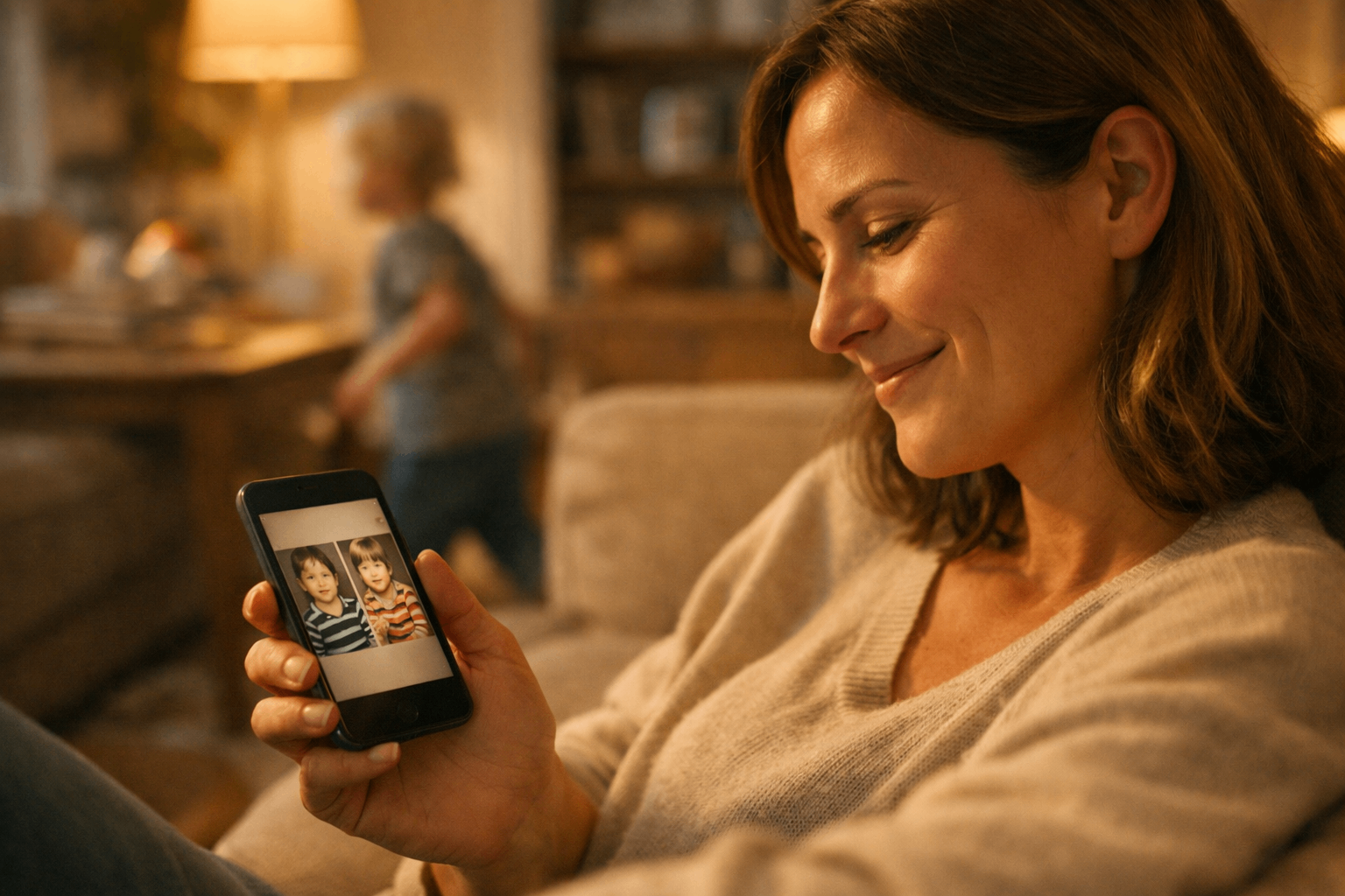 Mother smiling at smartphone showing photos of two children at the same age, warm light, family atmosphere Mother smiling at smartphone showing photos of two children at the same age, warm light, family atmosphere