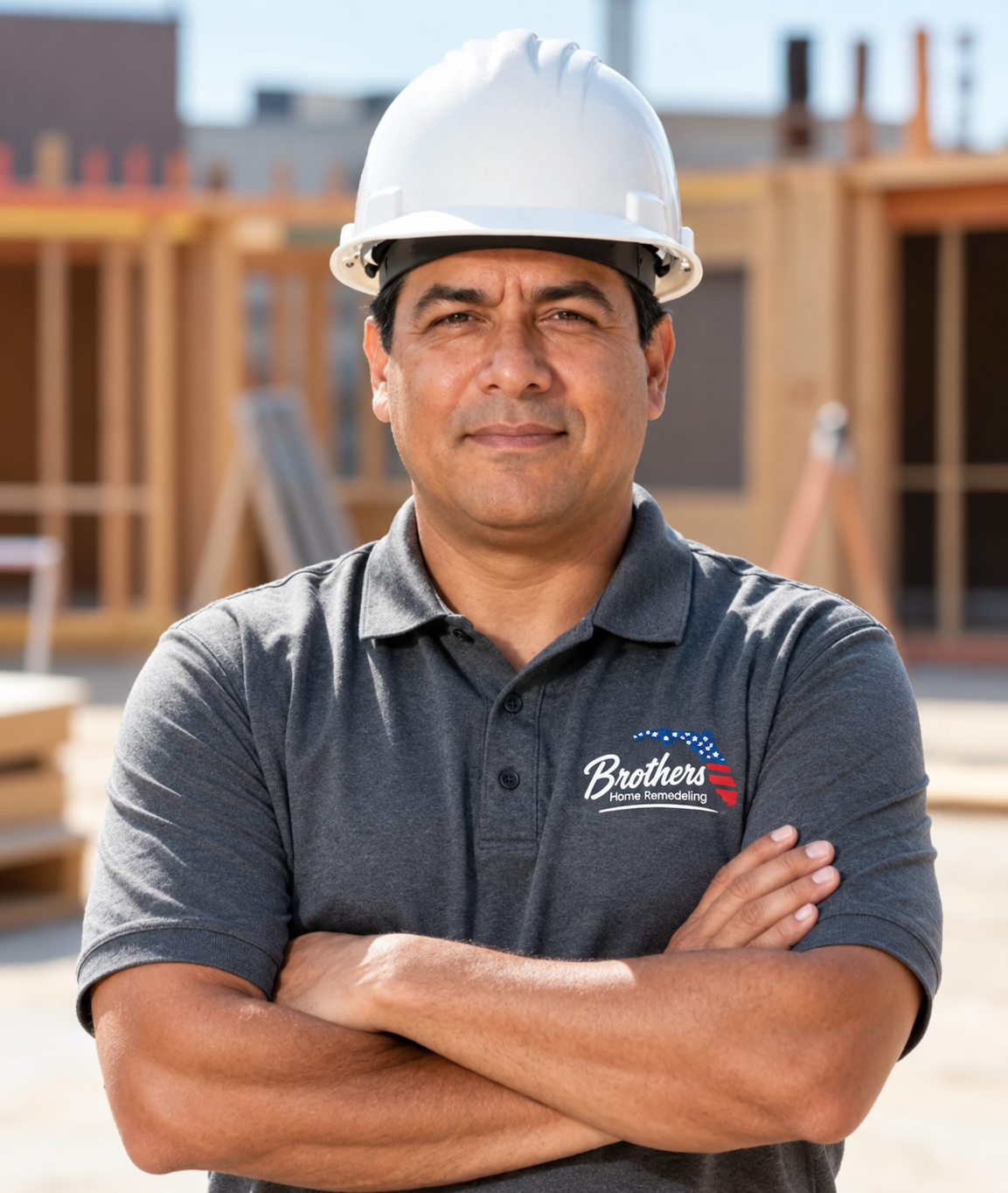 Brothers Remodelers construction professional in a white hard hat at a home remodeling job site