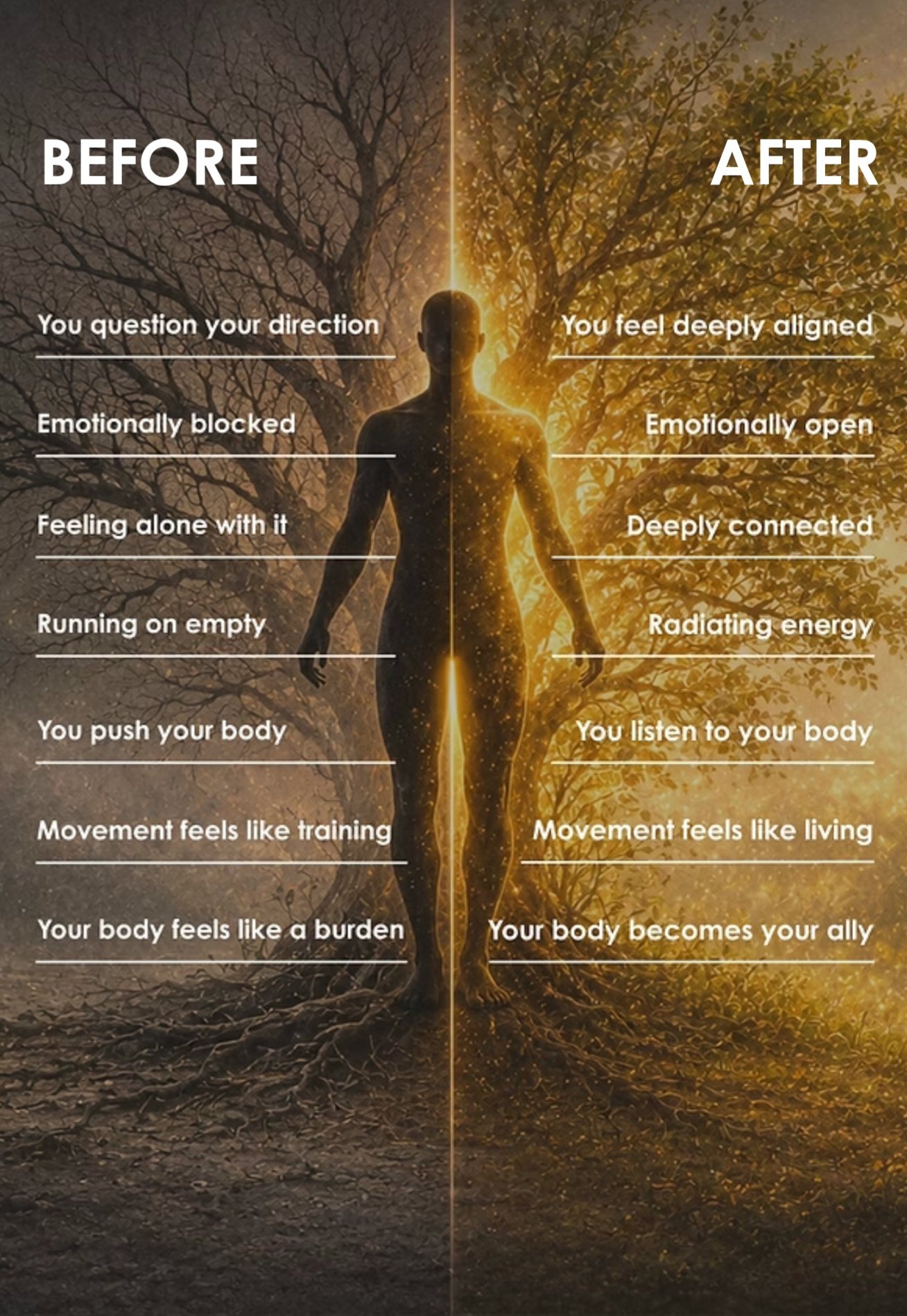 Before and after comparison: shifting from feeling blocked and disconnected to feeling aligned, energized, and connected with your body.