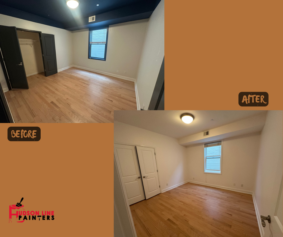 Before and after: Cliffside Park NJ interior bedroom with dated beige walls and dark ceiling repainted to bright white contemporary finish — by Hudson Line Painters