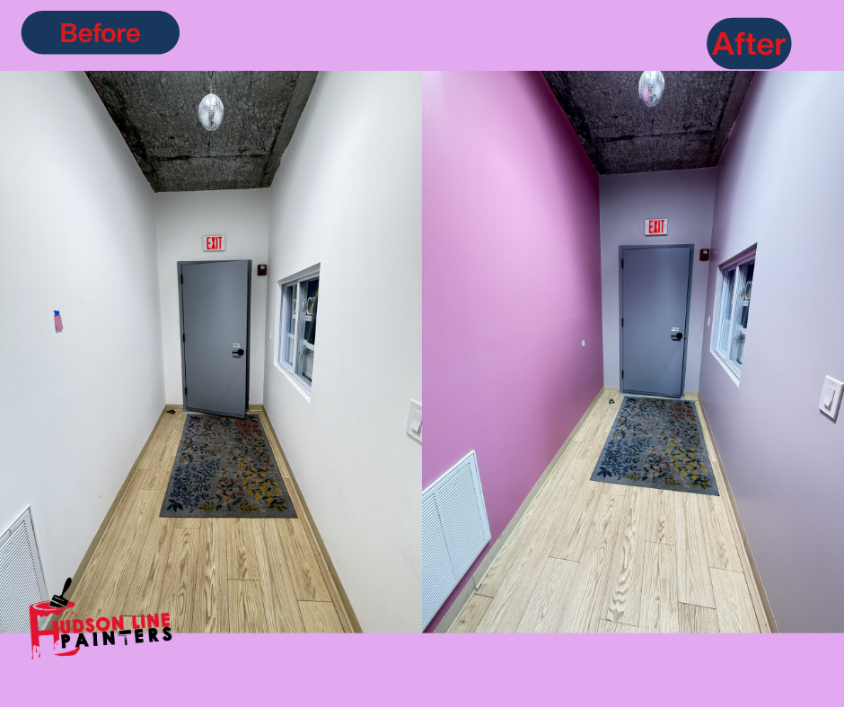 Before and after hallway accent wall transformation in Hoboken — white walls painted vibrant pink/magenta by Hudson Line Painters