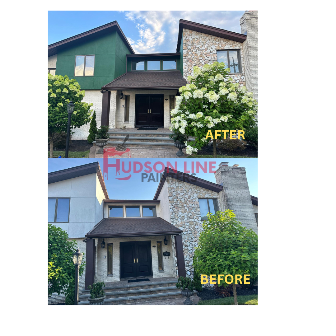 Before and after: Cliffside Park NJ modern home exterior repainted from yellow-beige siding to refreshed light blue and white with stone accents — by Hudson Line Painters