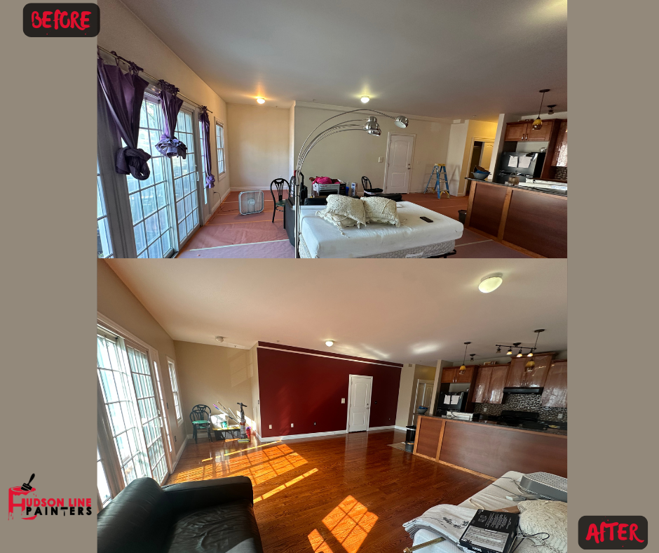 Before and after interior painting - Professional interior painting examples: Living room with a bold red accent wall.