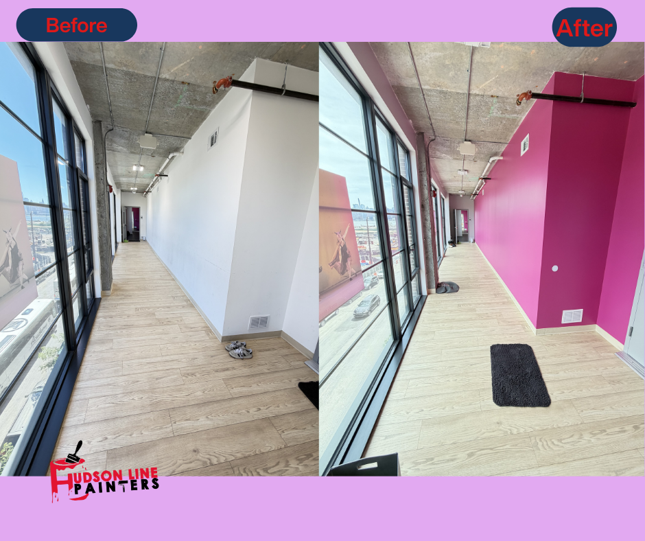 After photo: vibrant magenta pink accent walls in a commercial office hallway near the Hudson River in Edgewater NJ — painted by Hudson Line Painters