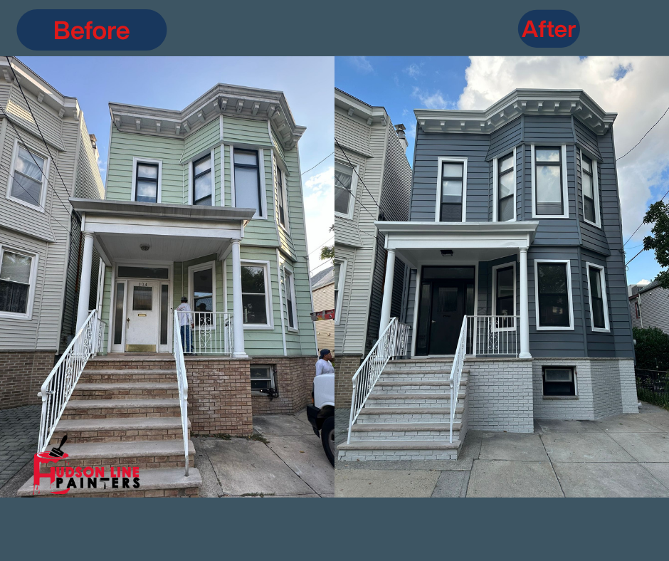 Before and after victorian exterior painting - Victorian-style home exterior transformation from green siding to dark gray siding showing professional exterior painting work.