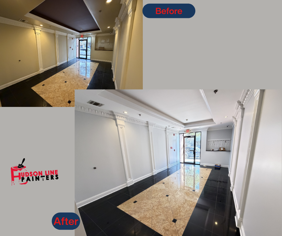 After photo: freshly painted bright white walls and ceiling with detailed molding in a residential lobby near Edgewater NJ — by Hudson Line Painters