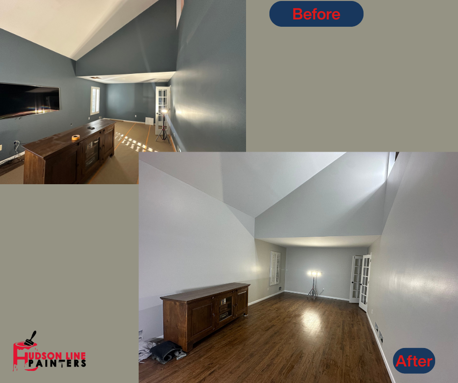 Before and after: Cliffside Park NJ living room with dark gray accent walls repainted to bright white walls and ceiling for a light airy modern look — by Hudson Line Painters