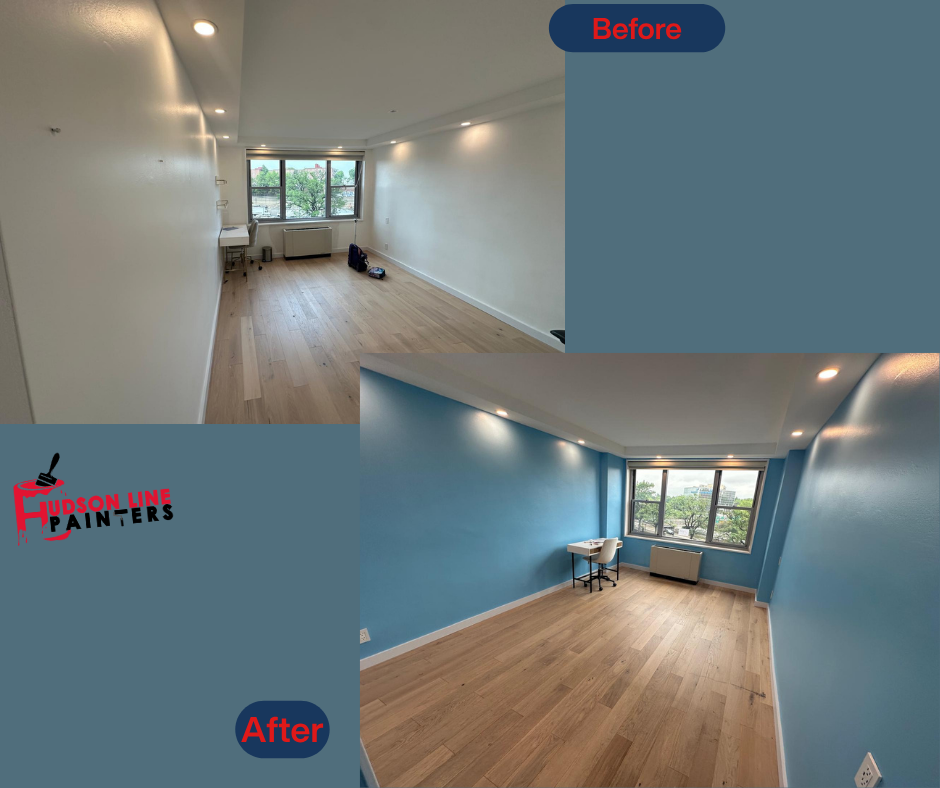 After photo: teal blue accent walls with white trim and ceiling in a modern waterfront condo in Edgewater NJ — painted by Hudson Line Painters