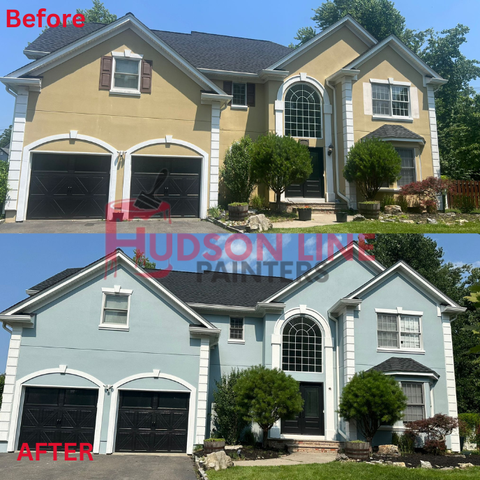 Before and after: Cliffside Park NJ two-story stucco home repainted from yellow cream siding to light blue with white trim and black shutters — by Hudson Line Painters