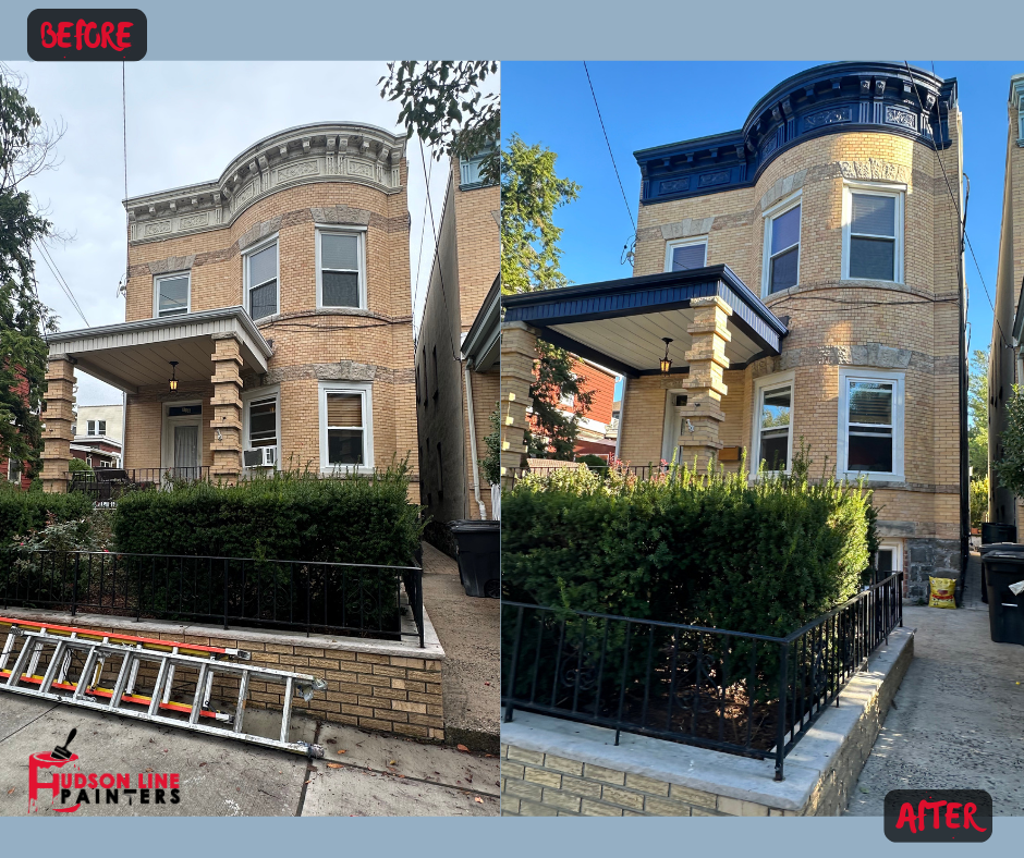 Before and after brick exterior refresh - Complete brick home exterior painting transformation.