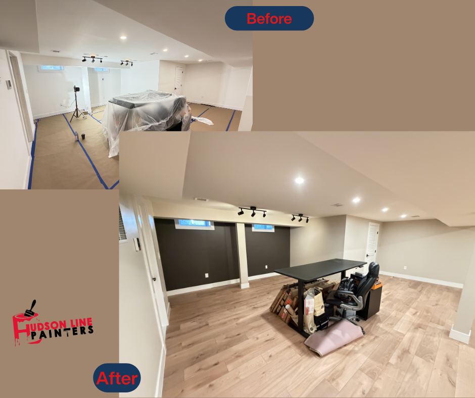 Teaneck basement before and after interior painting - dated white walls transformed into a modern finished office space with hardwood-look flooring