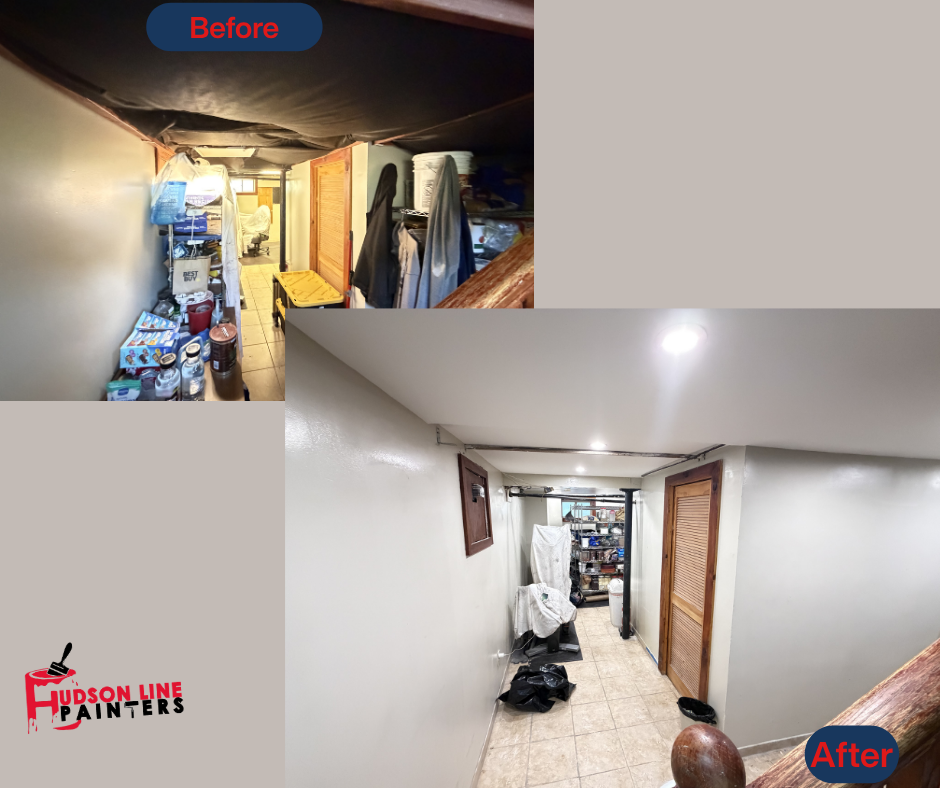 Teaneck basement hallway before and after interior painting - cluttered unfinished corridor transformed into a bright, clean painted hallway