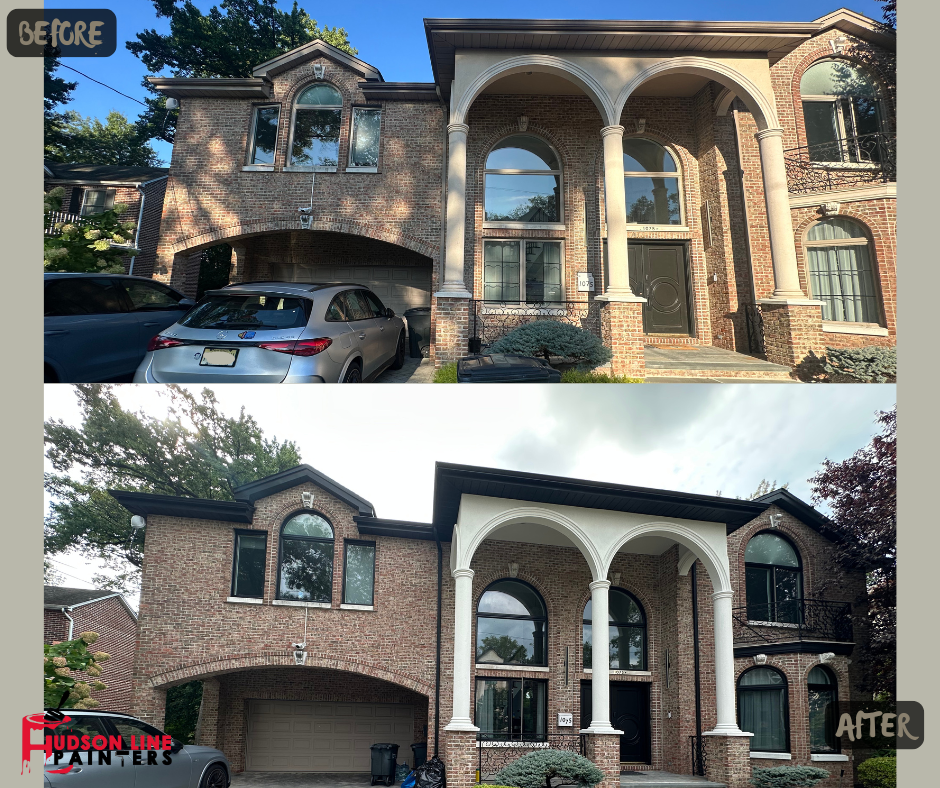 Before and after exterior house painting - Professional exterior painting transformation of a brick home with garage.