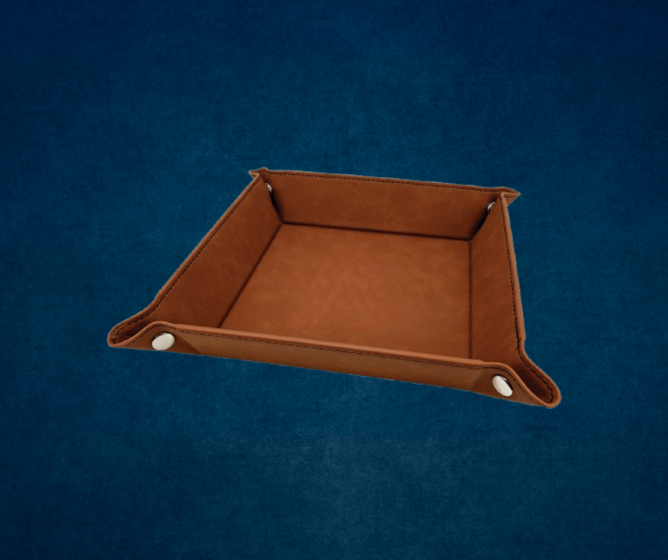 Brown leather valet tray with snap corners