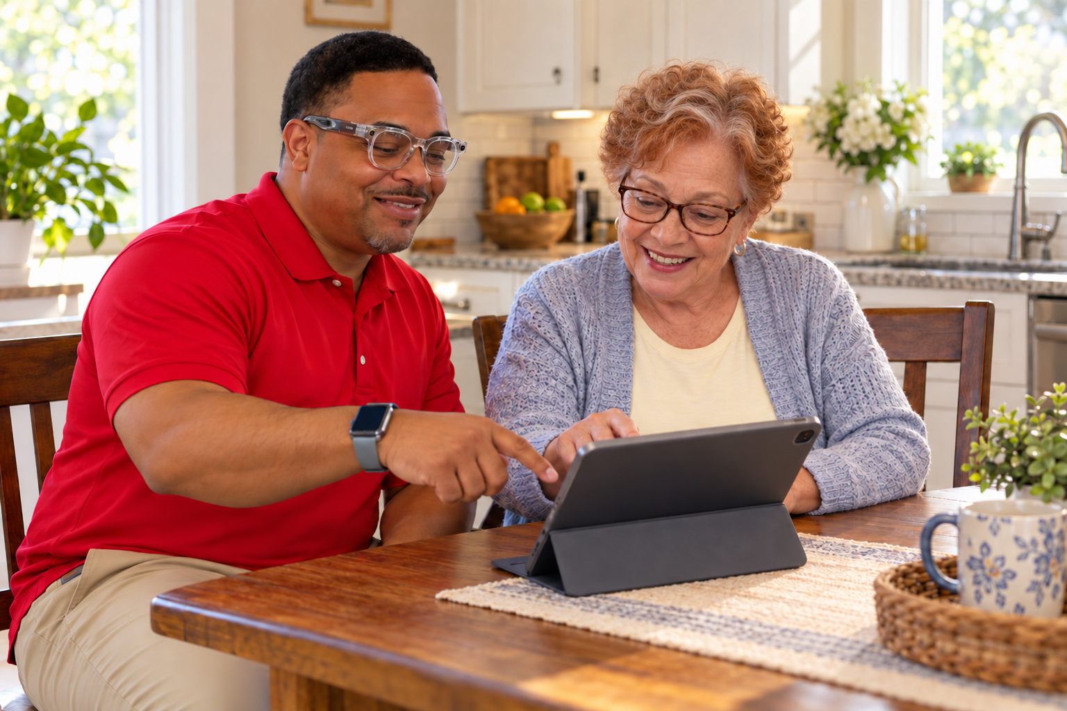 TDM Technologies International founder helping seniors learn technology at a community event