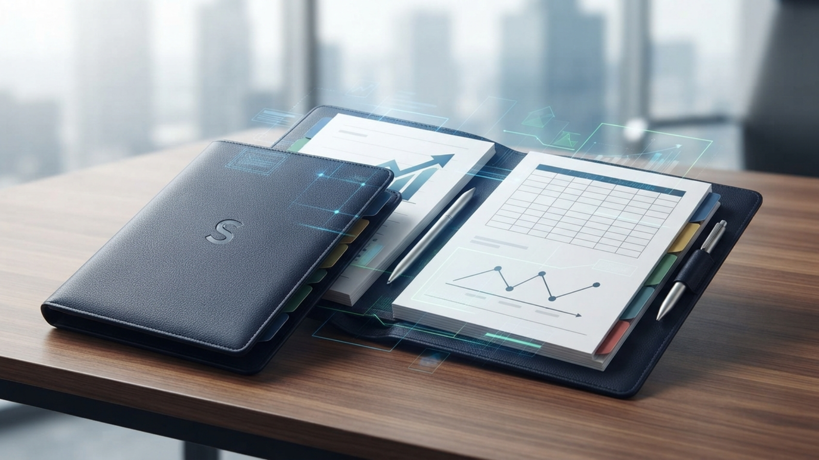 Professional portfolio and notebook on a wooden desk with city skyline in the background, showing charts, graphs, and financial documents representing career evidence and compensation data