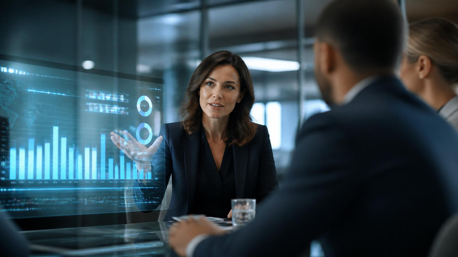 Professional woman in business attire discussing compensation data with colleagues in a modern office setting with financial charts and salary information displayed on glass screens