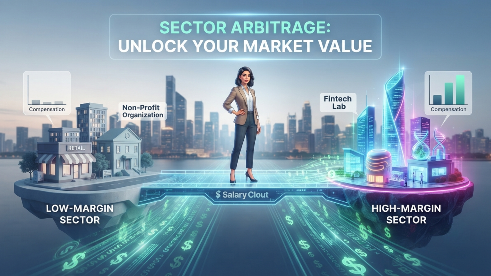 Professional woman standing between two digital platforms representing low-margin and high-margin sectors, with compensation charts and financial data visualizations
