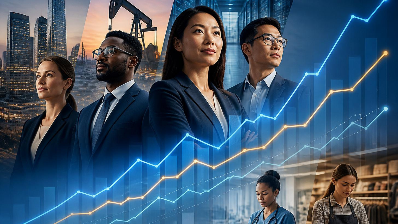 Diverse professionals in business attire standing against a cityscape with glowing blue and gold financial charts and graphs overlaid, representing industry compensation trends and market growth