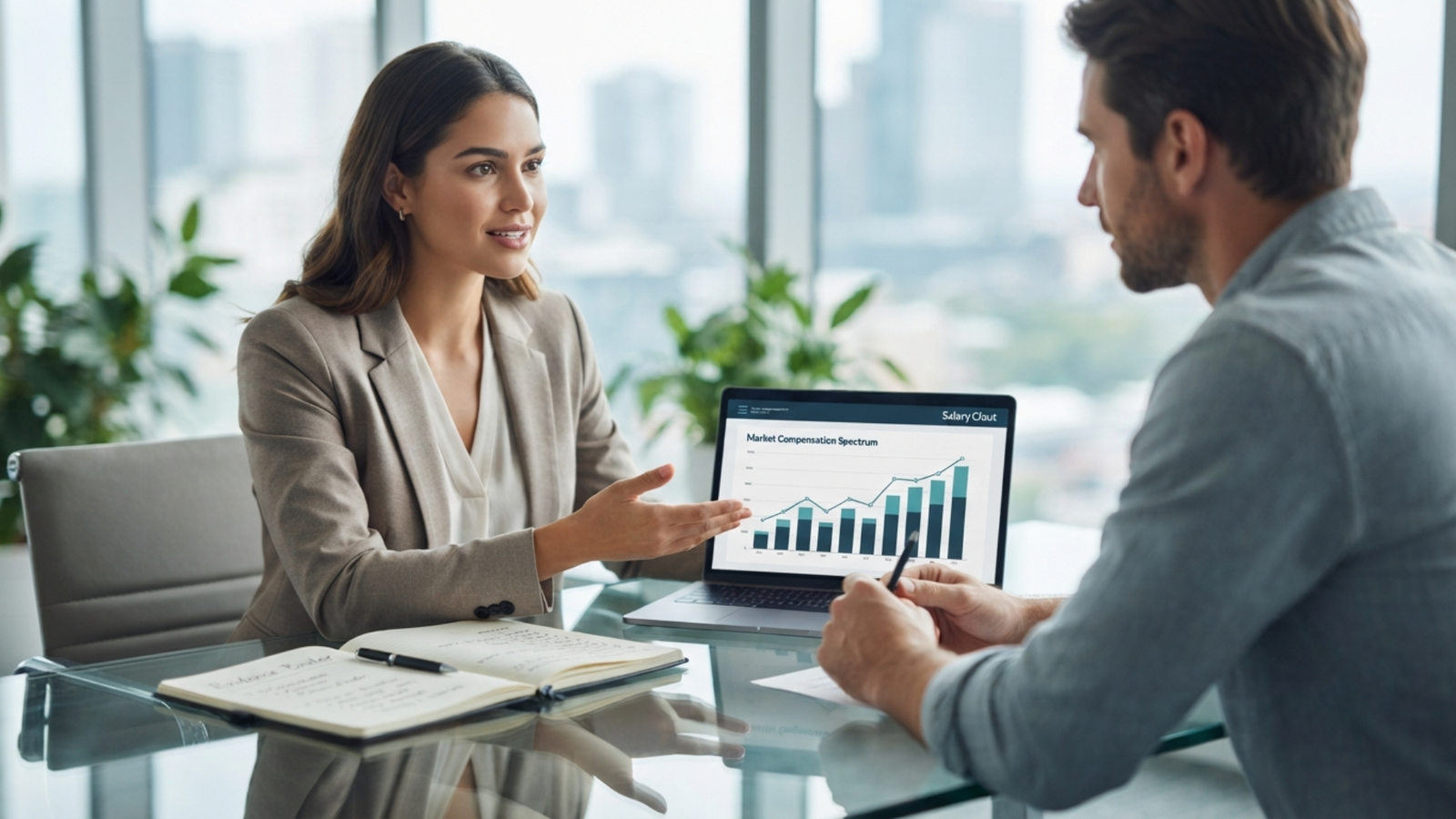 Compensation advisor discussing a market compensation spectrum chart with a client across a glass office table
