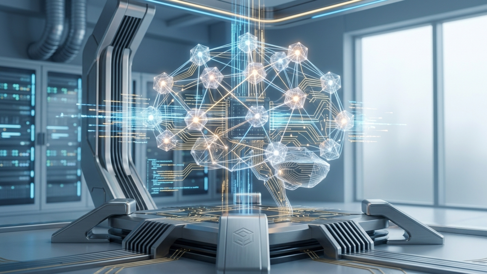 Futuristic office with holographic AI brain network visualization, glowing nodes connected by light lines in a high-tech setting