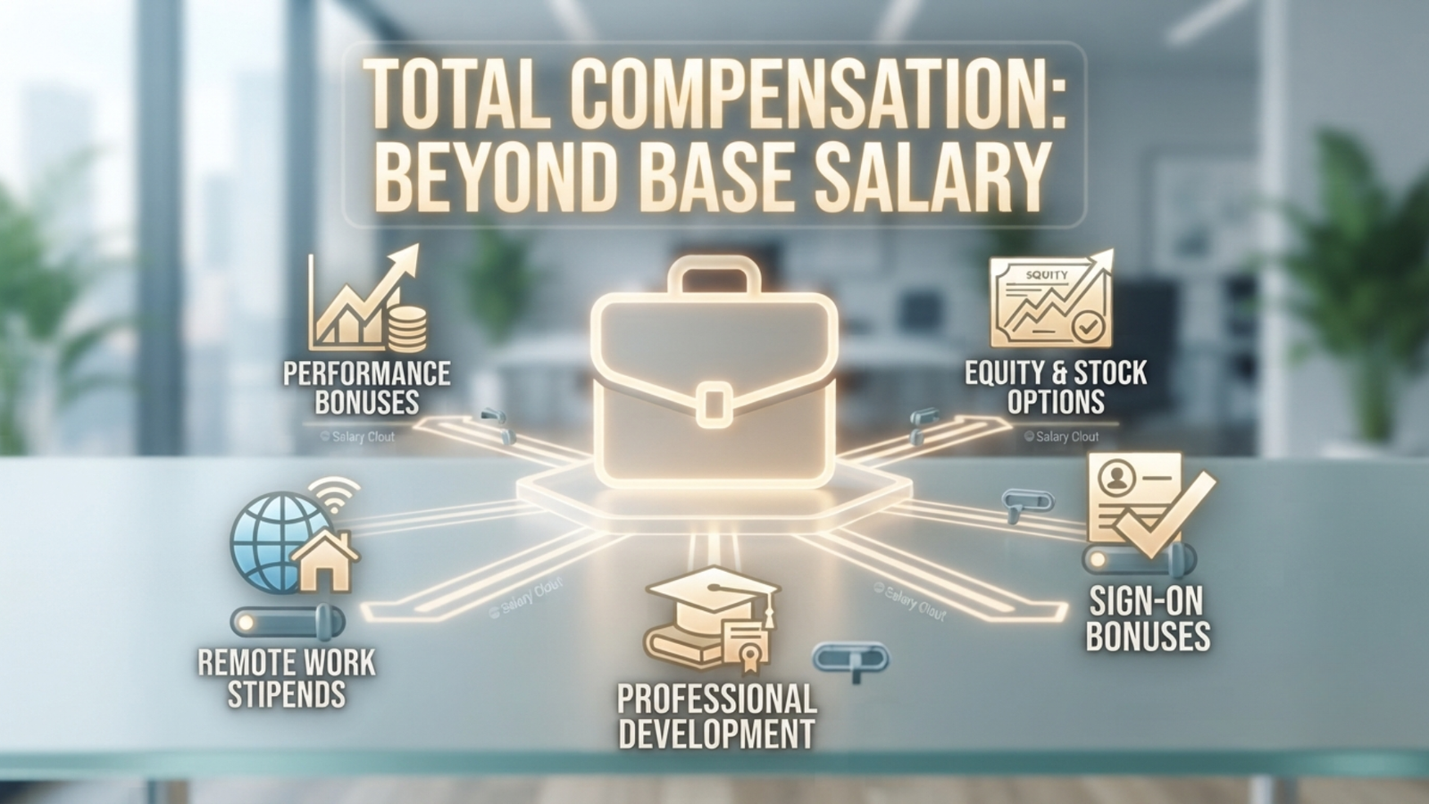 Briefcase icon surrounded by compensation elements including performance bonuses, equity and stock options, sign-on bonuses, professional development, and remote work stipends on an office background