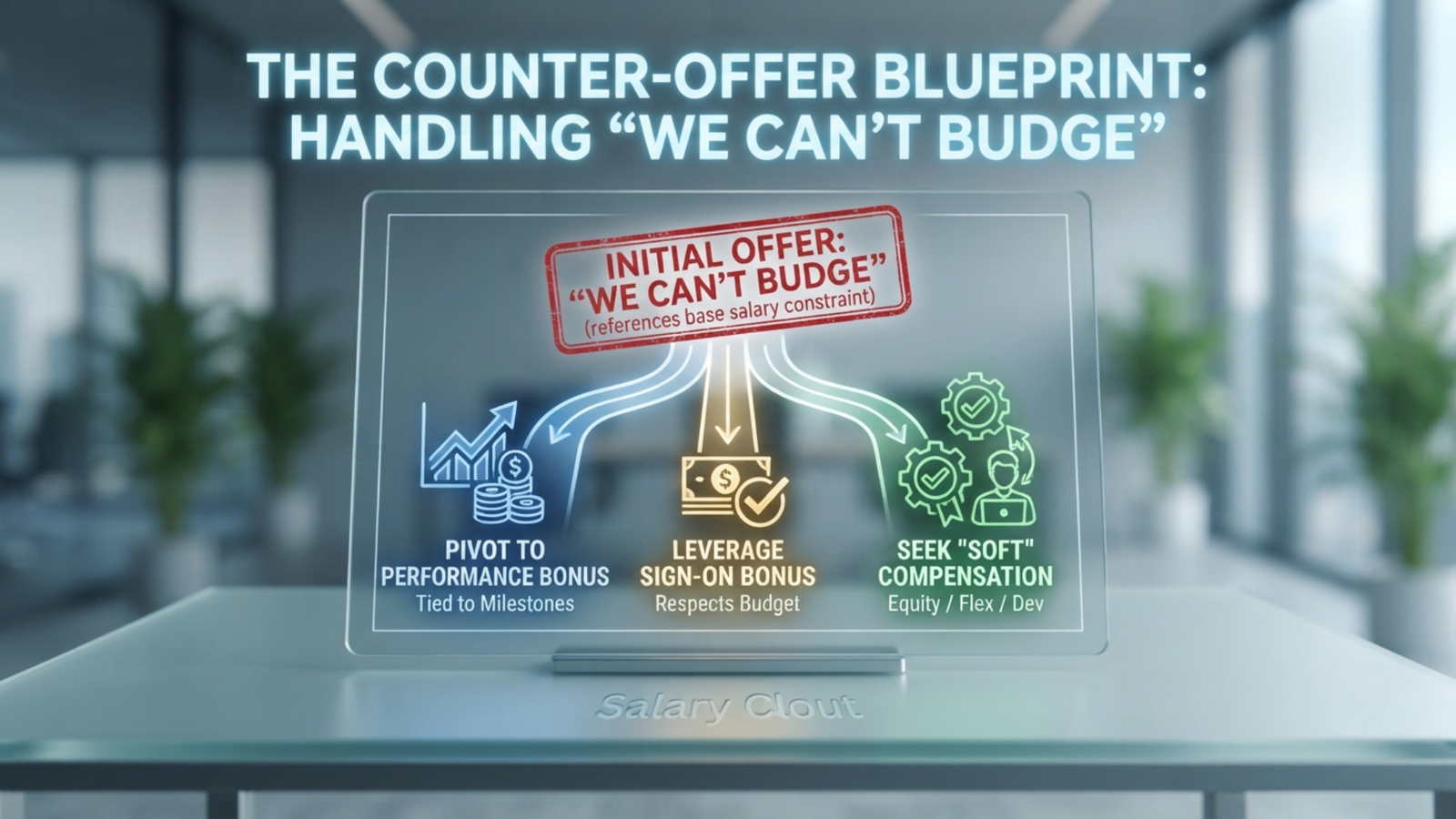 Tablet displaying counter-offer negotiation strategies with three options: Pivot to Performance Bonus, Leverage Sign-On Bonus, and Seek Soft Compensation, shown in a modern office setting