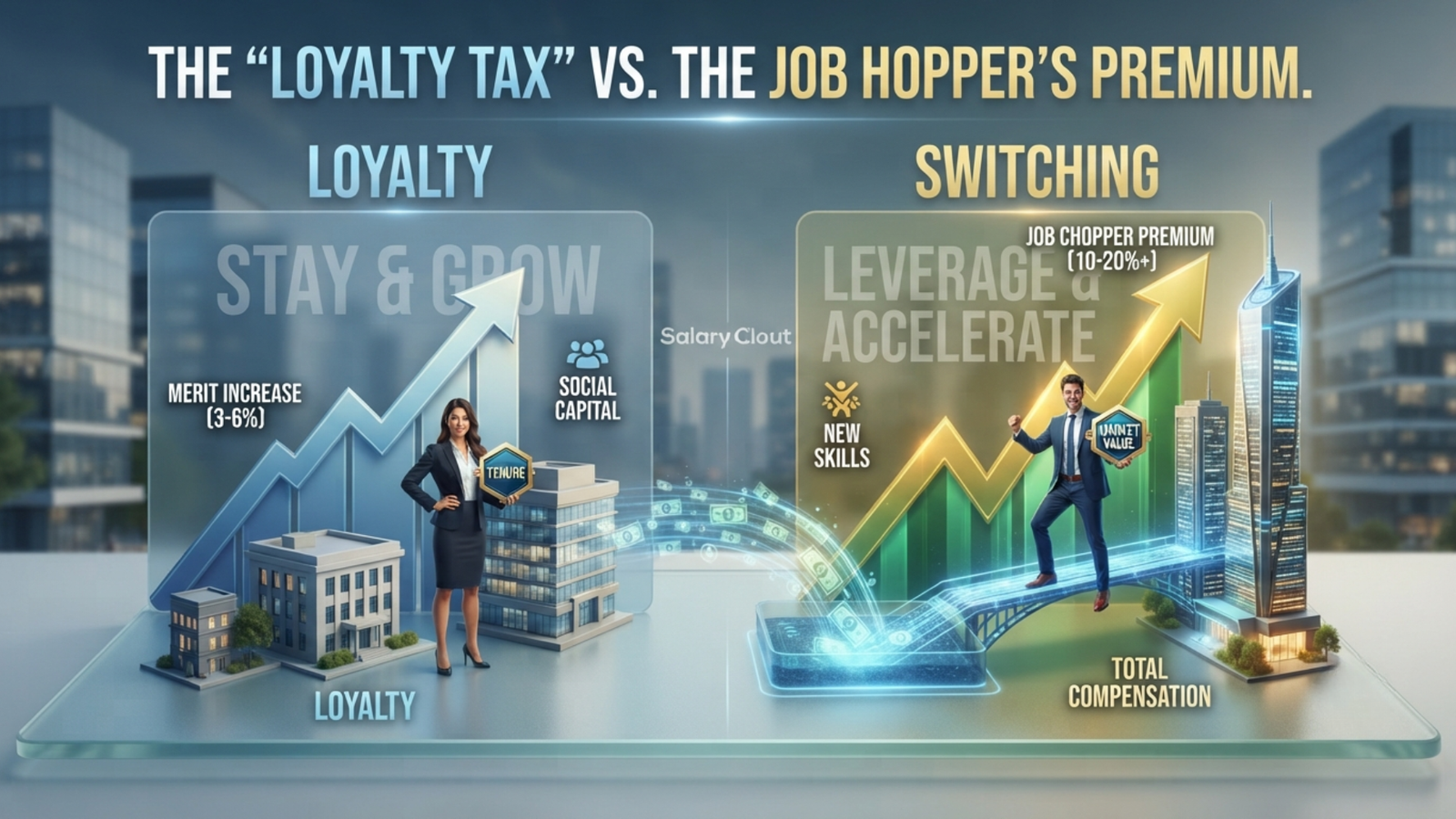 Split-screen comparison showing loyalty strategy on the left with professional and buildings with upward arrow, and job switching strategy on the right with upward arrow, representing the loyalty tax versus job hopper premium