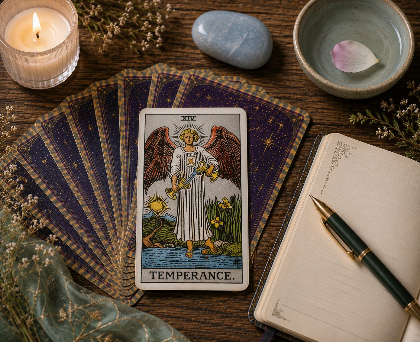 Whispers & Wonders illustrated tarot card artwork for Temperance, Major Arcana XIV.