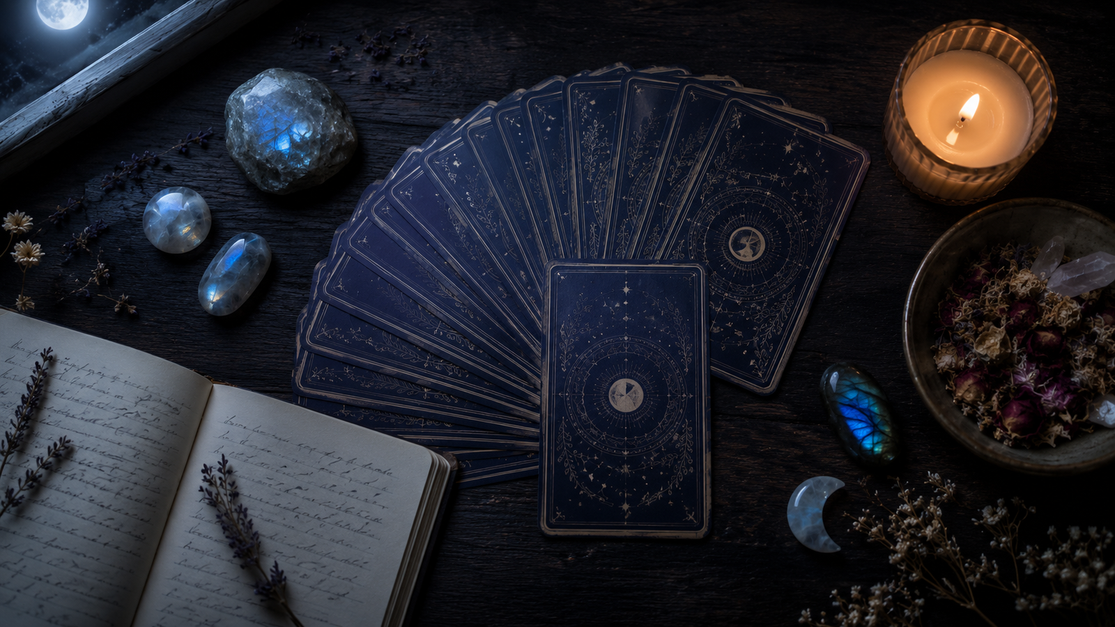 Overhead flat-lay of a fanned tarot deck, moonstone and labradorite crystals, a handwritten journal, a lit candle, and dried florals arranged on a dark wooden table under moonlight