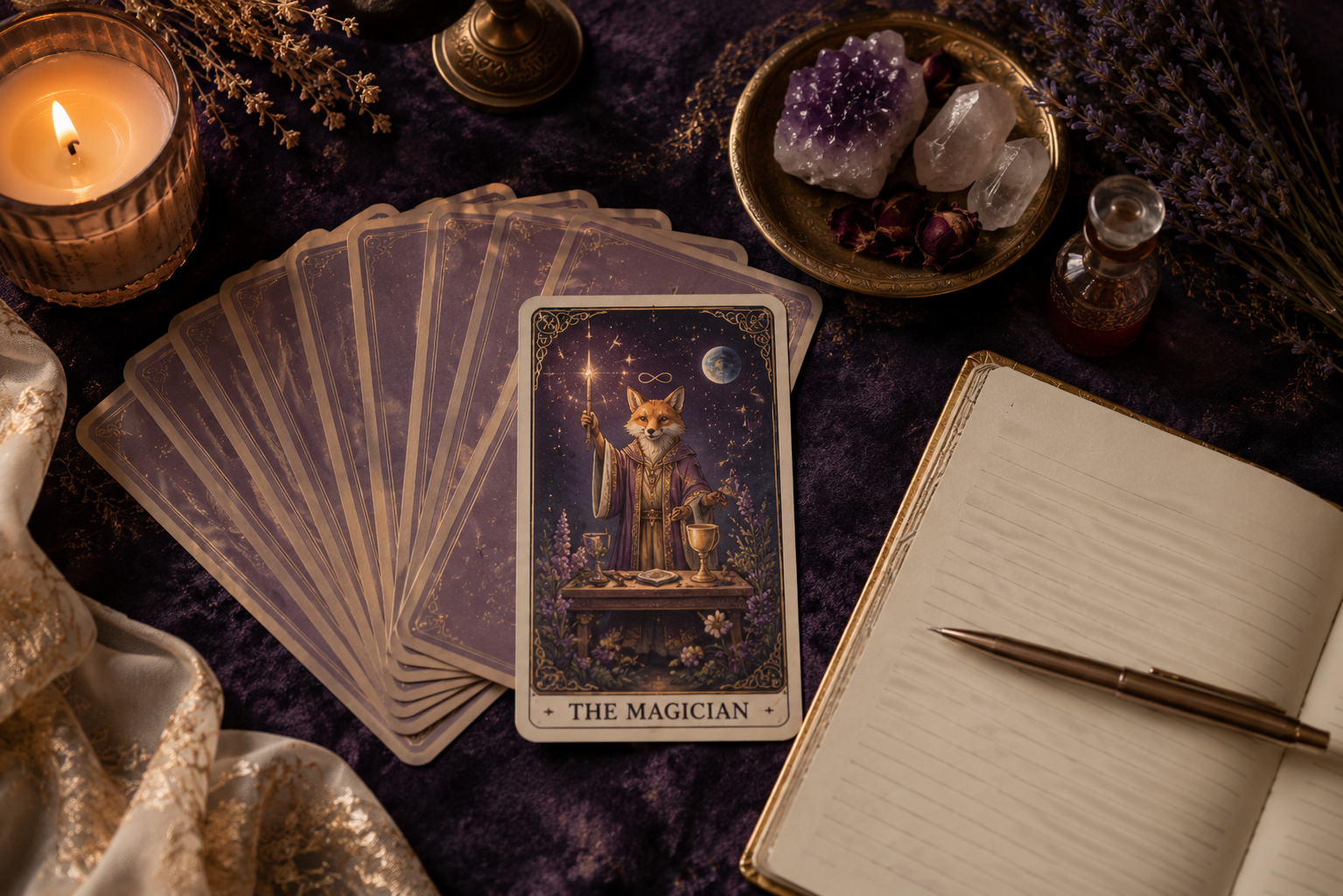 The Magician tarot card displayed on a dark purple velvet surface surrounded by a spread of tarot cards, amethyst and rose quartz crystals in a gold bowl, candle, dried lavender flowers, and an open journal