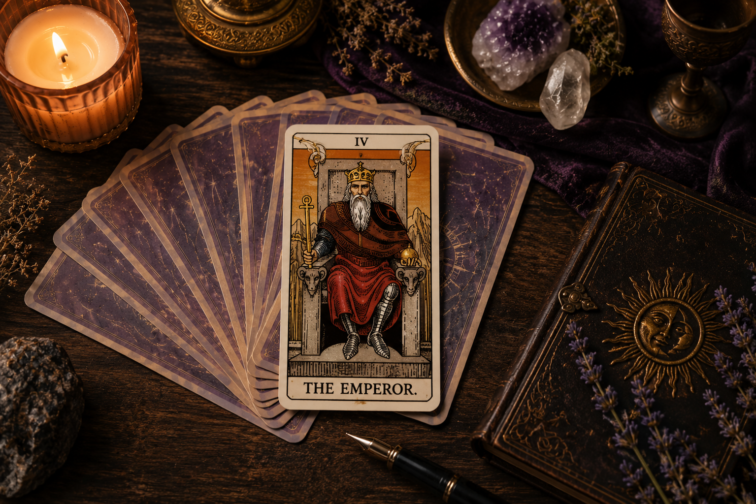 The Emperor tarot card on a dark wooden surface surrounded by a fan of tarot cards, amethyst crystals, a lit candle, dried lavender, and a journal with a gold sun emblem