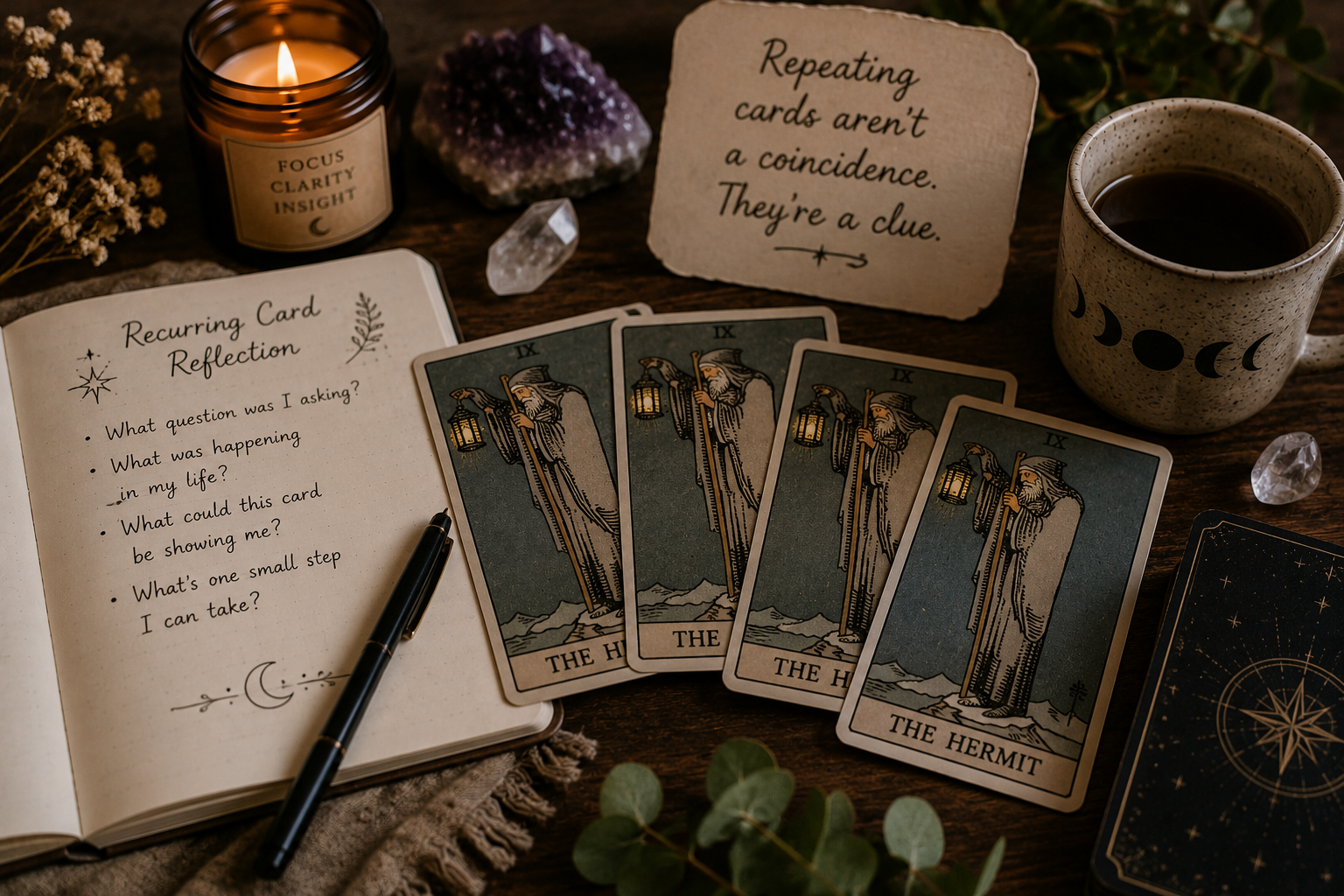 Tarot reading reflection workspace with The Hermit cards, an open journal titled Recurring Card Reflection, a lit candle, amethyst, and a mug on a wooden table