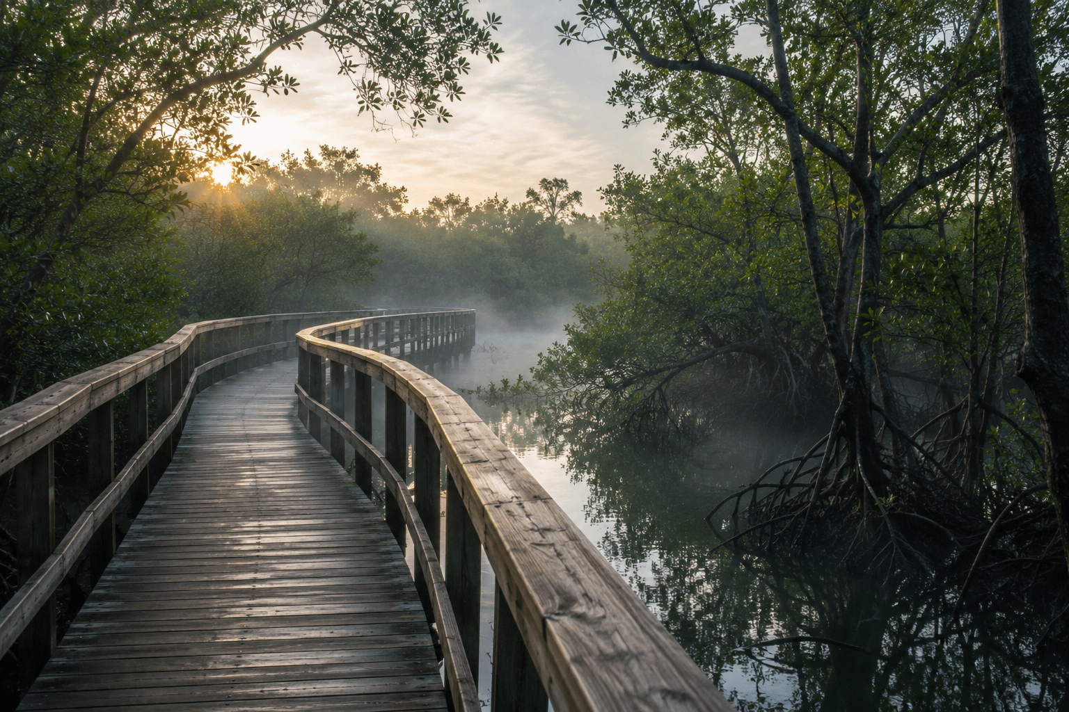 A wooden boardwalk winding through misty mangrove wetlands at sunrise, sunlight filtering through the trees