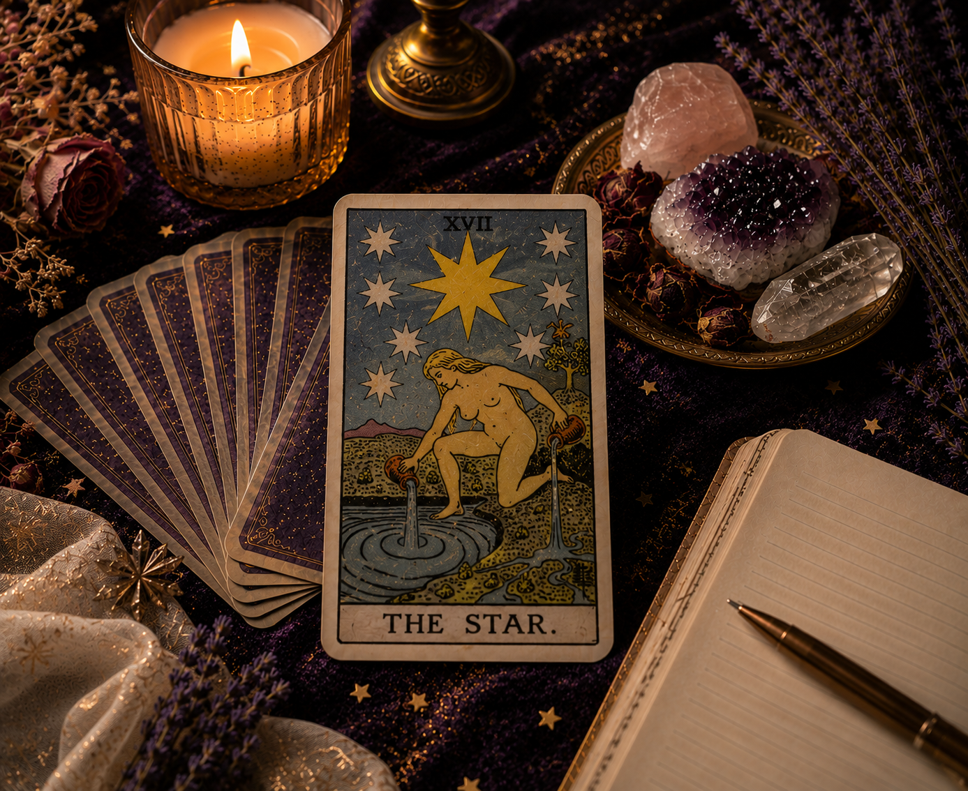 The Star tarot card on a dark mystical surface with tarot cards, crystals, candles, dried lavender, and an open journal
