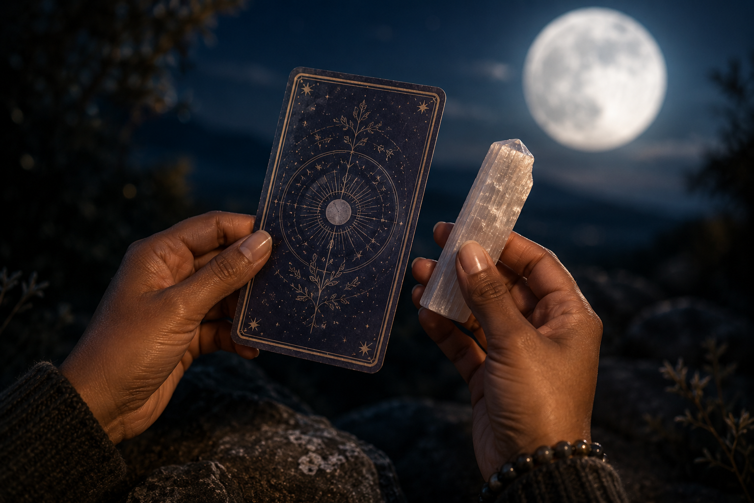 Close-up of two hands holding a moon-backed tarot card and a Selenite crystal wand beneath a full moon at night