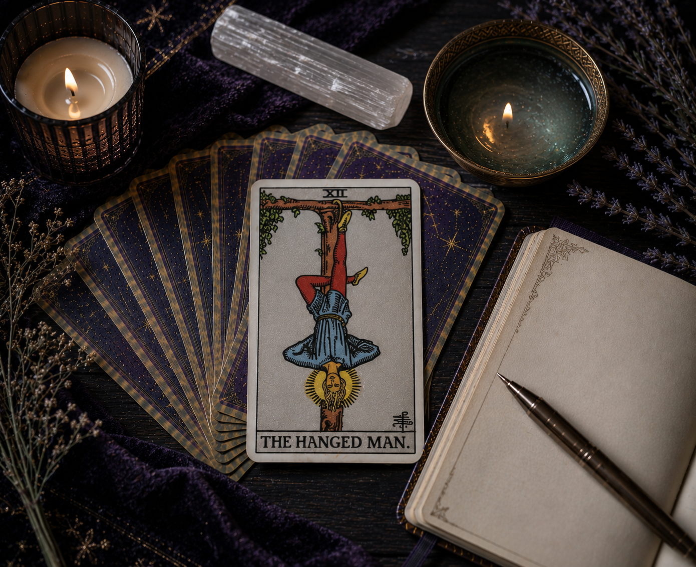 The Hanged Man tarot card displayed on a dark purple surface surrounded by a spread of tarot cards, lit candles, crystals, dried lavender flowers, and an open journal
