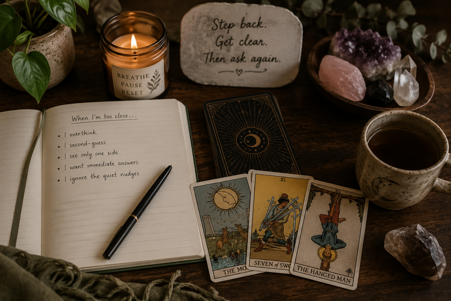 Tarot reading workspace with an open journal, lit candle, crystals, tea, and Rider-Waite cards including The Moon, Seven of Swords, and The Hanged Man on a wooden table